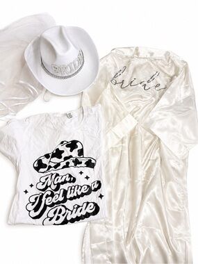 Bride Bachelorette BUNDLE 100% Cotton Tee NWT Satin Robe Cowboy Hat Veil